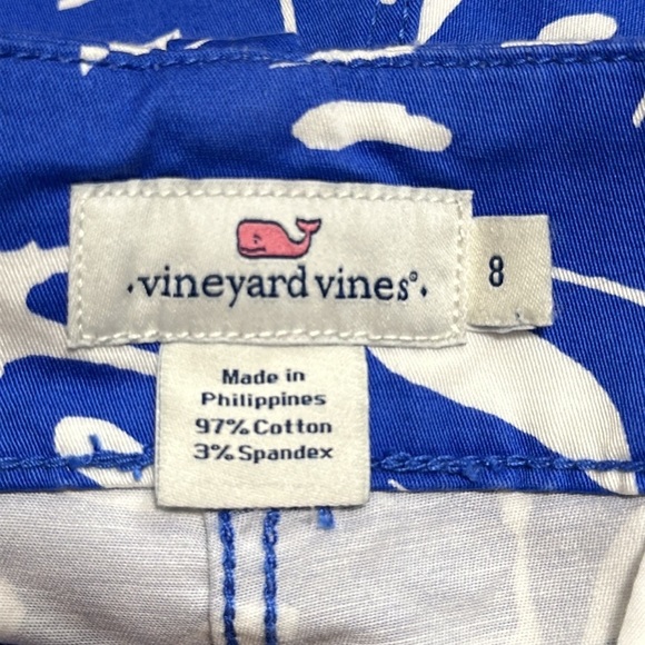 Vineyard Vines Mid Rise Palm Print Flat Front Shorts, Blue, White, Size 8 - Picture 5 of 7